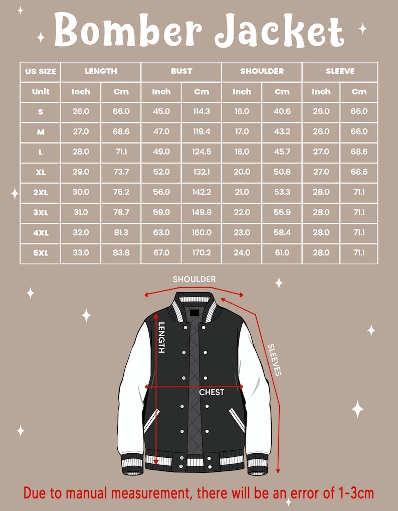 May include: Size chart for a bomber jacket with measurements in inches and centimeters. The chart shows the length, bust, shoulder, and sleeve measurements for sizes S through 5XL.