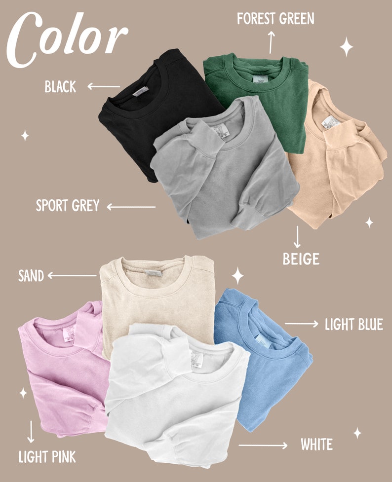 Op de afbeelding: Een verzameling shirts met lange mouwen en ronde hals in verschillende kleuren, waaronder zwart, bosgroen, sportgrijs, beige, lichtroze, wit en lichtblauw. Het woord "Color" staat bovenaan de afbeelding.