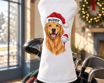 Custom Santa Hat Pet Portrait Golf Headcover, Personalized Dog or Cat Name Photo Driver Cover, Christmas Gift for Golfer, Dog Dad Mom Gift