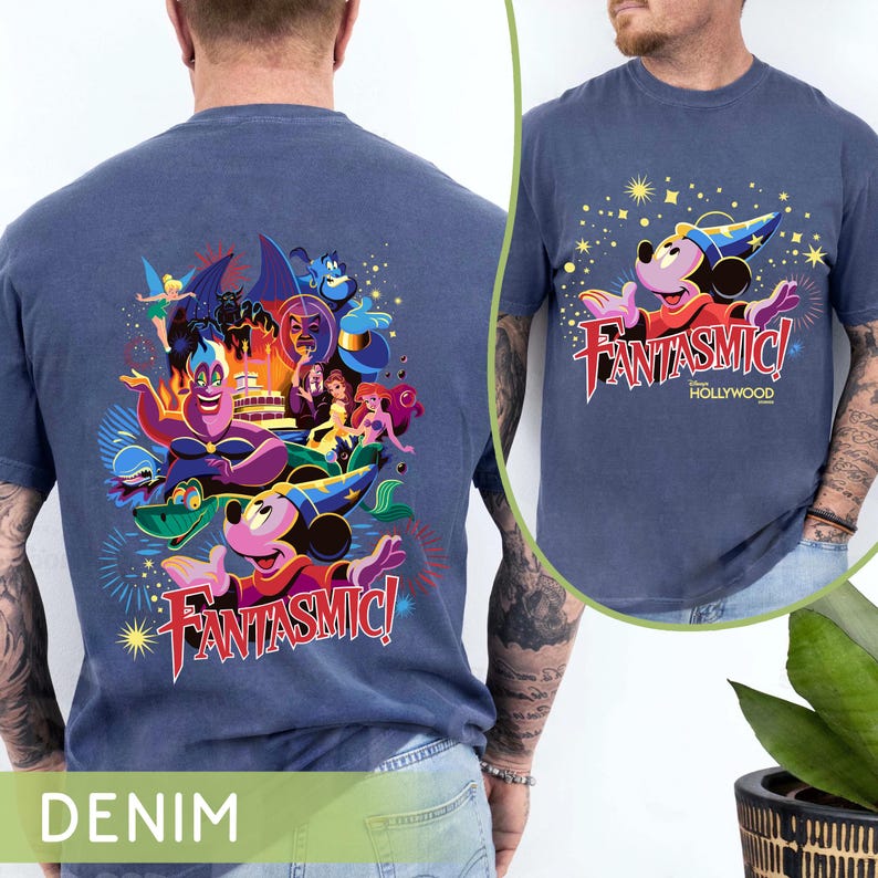 May include: Denim blue t-shirt with a vibrant graphic of Mickey Mouse and other Disney characters, the text "Fantasmic!" and "Hollywood". The back of the shirt has a similar design with various Disney villains and princesses.