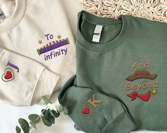 Custom Embroidered Buzz Woody To Infinity And Beyond Couple Sweatshirt, Toy Story  Matching Shirt, Initial On Sleeve, Disneyland Trip