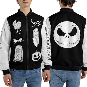 May include: Black and white bomber jacket featuring characters and imagery from "The Nightmare Before Christmas." The front displays various character illustrations, while the back showcases Jack Skellington's face. The sleeves are white with the text "Before Christmas."