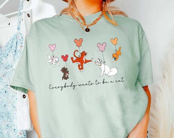 Camiseta "Os Aristogatos com Balões do Mickey" - Todo Mundo Quer Ser um Gato, Camiseta para Amantes de Gatos da Disney, Marie Toulouse Berlioz, Viagem à Disneylândia