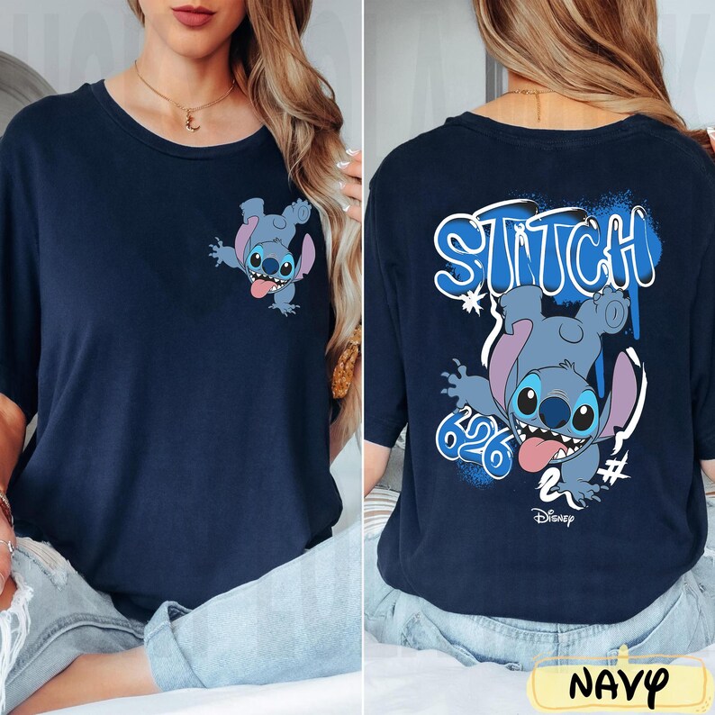 Camiseta de Stitch con grafiti de doble cara, camiseta divertida del experimento 626, camiseta de Lilo y Stitch, atuendo para viaje familiar a Disneyland, regalo para fans de Stitch imagen 3