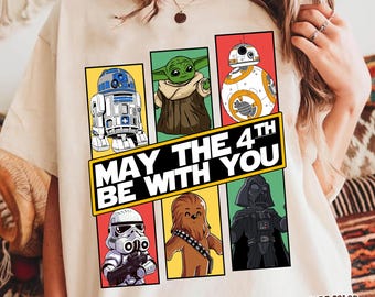 Retro Star Wars Characters May The 4th Be With You Shirt, Grogu Darth Vader R2D2 BB8 Chewbacca Tee, Star Wars Day Shirt, Galaxy's Edge Trip