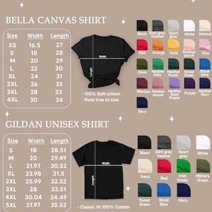 May include: Size and color chart for Bella Canvas and Gildan unisex shirts. The chart displays shirt sizes, widths, and lengths in inches, along with a color palette including black, red, and navy. The Bella Canvas shirts are 100% soft cotton.