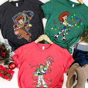 Toy Story Characters Christmas Lights Comfort Colors Shirt, Woody Buzz Jessie Christmas Disney T-shirt,  Christmas Party Family Matching Tee