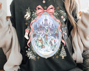 Spooky Ghosts Coquette Bow Christmas Shirt, Gothic Holiday Tee, Merry Xmas Shirt, Family Vacation T Shirt