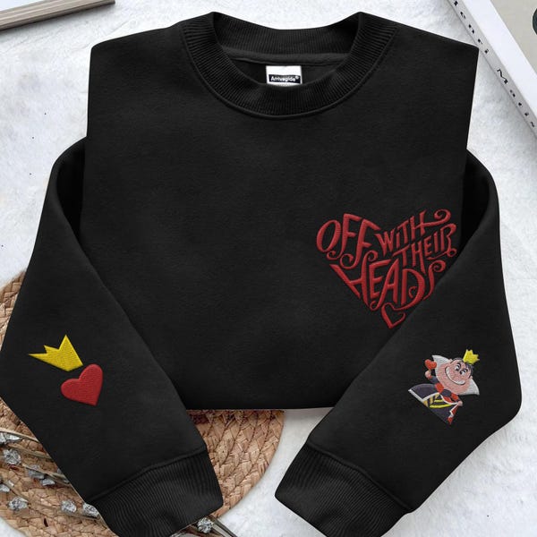 Embroidered Heart Queen Sweatshirt, Embroidery Dark Fairy Tale Villain Crewneck with Sleeve Details, Off With Their Heads Sweatshirt