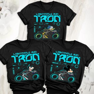 Retro Mickey and Friends Tron Lightcycle Run T-shirt, Classic Disney Characters Racing Bike Tee, Disneyland Family Trip Matching Outfit 2025