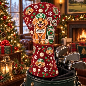Custom Pet Name & Photo Christmas Golf Headcover, Personalized Dog or Cat Gingerbread Driver Cover, Holiday Gift for Golfer Pet Lovers