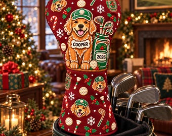 Custom Pet Name & Photo Christmas Golf Headcover, Personalized Dog or Cat Gingerbread Driver Cover, Holiday Gift for Golfer Pet Lovers