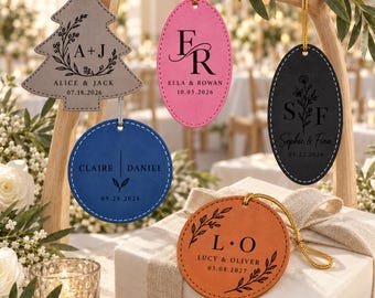 Custom Couple Names and Date Leatherette Ornament, Personalized Floral Monogram Wedding Ornament, Anniversary Gift, Christmas Keepsake