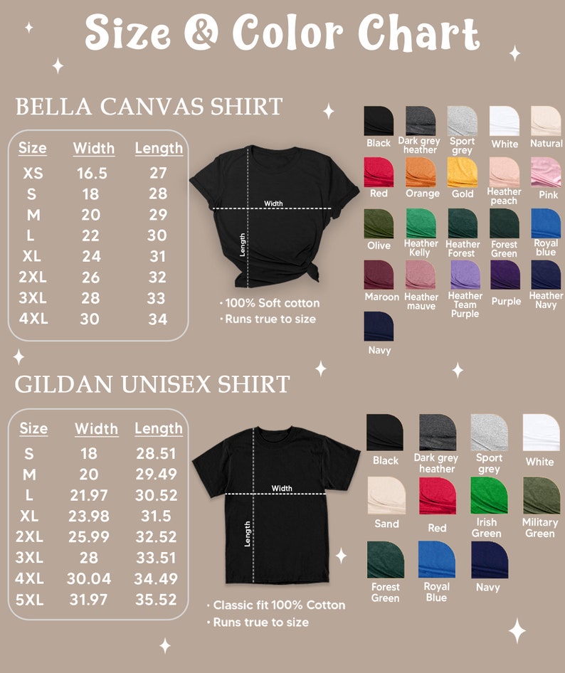 May include: Size and color chart for Bella Canvas and Gildan unisex t-shirts. The chart shows the width and length measurements in inches for each size, from XS to 5XL. The chart also includes a variety of colors for each brand.