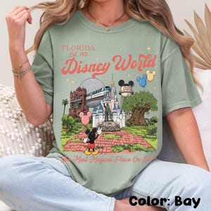 Puede incluir: Camiseta verde salvia con un gr&aacute;fico colorido de los monumentos de Disney World, incluyendo el castillo de Cenicienta y Spaceship Earth, y Mickey Mouse. El texto dice "Florida Est. 1971 Disney World" y "The Most Magical Place On Earth."