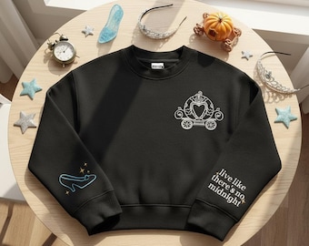 Embroidered Sleeve Cinderella Glass Slipper Pumpkin Carriage Sweatshirt, Live Like There's No Midnight,  Princess Embroidery Sweater