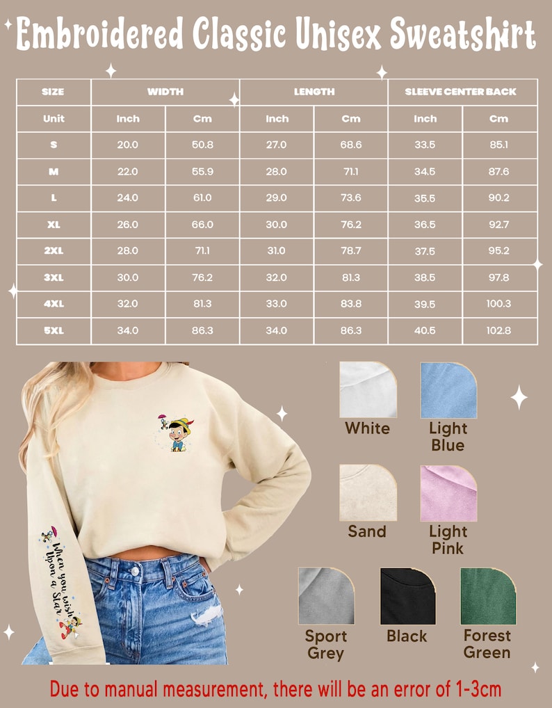 Op de afbeelding: Beige geborduurd unisex sweatshirt met een Pinocchio-ontwerp en de tekst "When you wish upon a star" op de mouw. Verkrijgbaar in verschillende kleuren, waaronder wit, lichtblauw, zand en zwart. Maattabel met cm-maten inbegrepen.