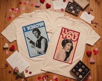 Camiseta vintage de la princesa Leia y Han Solo "Te amo, lo sé", colores cómodos, camiseta de Star Wars para San Valentín, Galaxy's Edge, pareja de Disney a juego.
