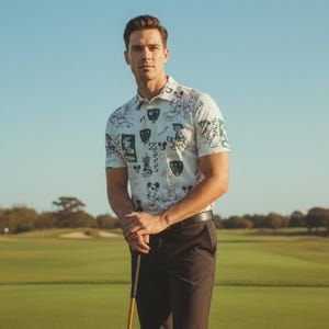 May include: A white polo shirt featuring a cartoon graphic print in black and green. The shirt has short sleeves and a collared neckline. The person in the image is wearing black trousers and holding a golf club on a green golf course.