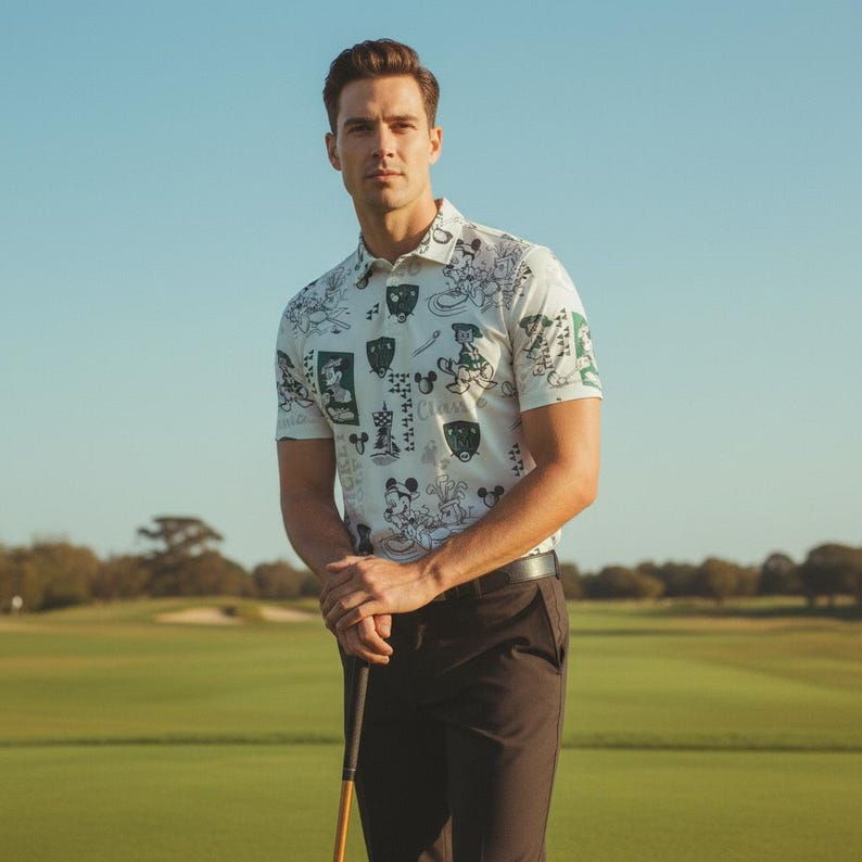 May include: A white polo shirt featuring a cartoon graphic print in black and green. The shirt has short sleeves and a collared neckline. The person in the image is wearing black trousers and holding a golf club on a green golf course.