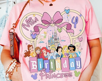 Custom Name Age Disney Princess Coquette Bow Shirt, Personalized Birthday Girl Tee, Disney Castle Shirt, Disneyland Princess Birthday Gift