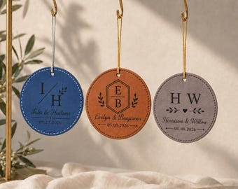 Custom Couple Names and Date Leatherette Ornament, Personalized Newlywed Home Decor, Wedding Anniversary Gift, Christmas Keepsake