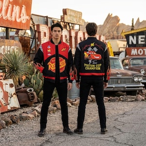 Vintage Lightning Mcqueen 95 Fleece Bomber Jacket, Rust-Eze Cars Piston Cup Champion Racing Jacket, Radiator Springs, Disneyland Family Trip image 2