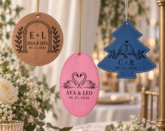 Custom Couple Names and Date Engraved Leatherette Ornament, Personalized Newlywed Home Decor, Bride and Groom Gift, Wedding Ornament