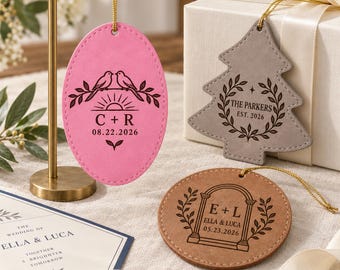 Custom Couple Names and Date Leatherette Ornament, Personalized Newlywed Home Decor, Anniversary Gift, Wedding Ornaments