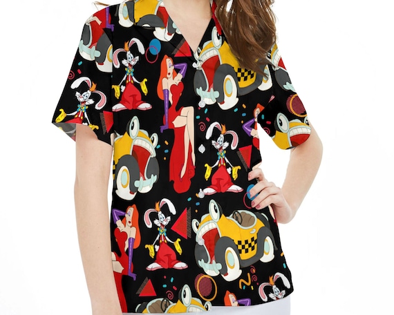 90's old disney Jessica rabbit 開襟　シャツ　総柄 Retro 90s Jessica Rabbit Roger Rabbit Benny the Cab Hawaiian