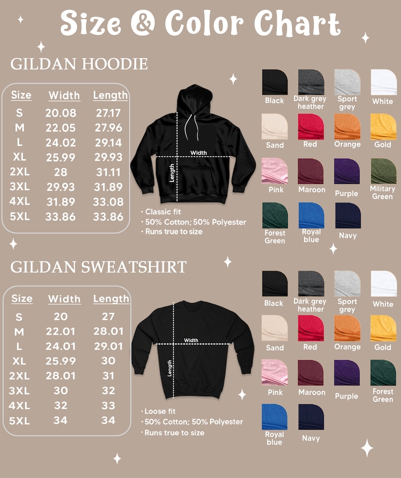 May include: Size and color chart for Gildan hoodies and sweatshirts. The chart shows the width and length measurements in inches for sizes S through 5XL. The chart also shows the available colors for each garment type.