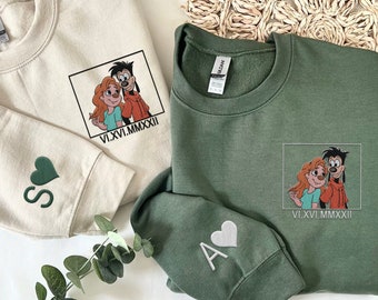 Op maat geborduurd Max en Roxanne-sweater met Romeinse cijfers, bijpassend shirt van een Goofy filmpaar, initiaal op mouw, jubileumcadeau