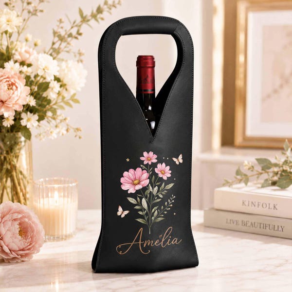 Gepersonaliseerde wijnfleshouder met naam en bloemen, leren flessenhouder, cadeau voor wijnliefhebbers, verjaardagscadeau voor vrouwen