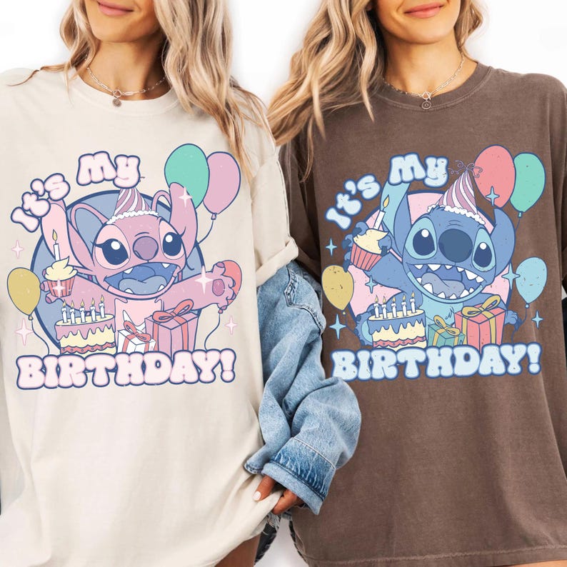 May include: Two t-shirts, one cream and one brown, feature a cartoon character holding a cupcake, gifts, and balloons. The text "It's My Birthday!" is printed below the character in a playful font. The design is in pastel colors.