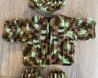 Baby sweater, beanie, and booties set