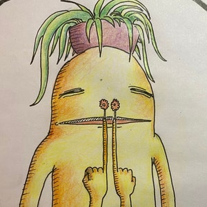 May include: A yellow cartoon character with a plant growing out of its head. The character has its eyes closed and is holding two fingers up to its nose. The fingers have small pink flowers on the ends.