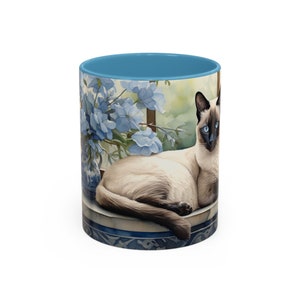Mug en céramique chat siamois de 11 oz ou 15 oz, accent bleu ou noir, idée cadeau pour amoureux des chats, tasse de boisson chat