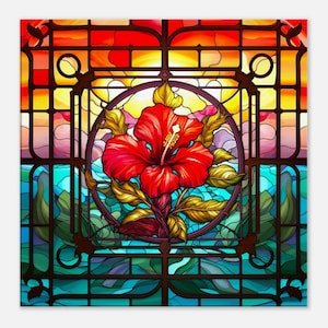Hibiscus Flower Stained Glass Style Print on Slim Canvas, Flower Art on Canvas, Abstract Stain Glass Print, Hibiscus Flower Art Home Decor