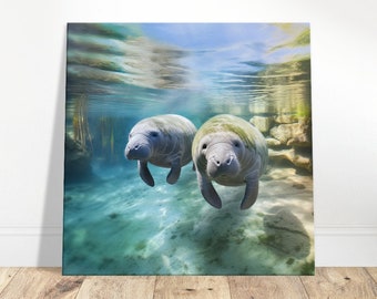 Manatee Print: Coastal Sea Life Slim Canvas Art, Beach Home Decor