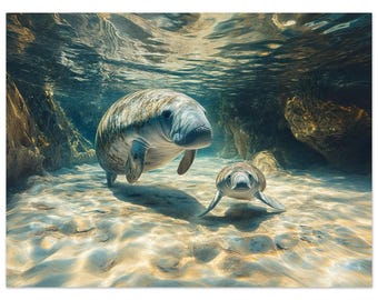 Manatee Mom and Calf Art Print – Coastal Ocean Life Poster