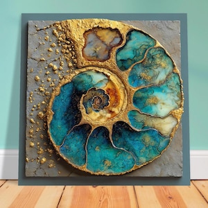 May include: Abstract artwork featuring a nautilus shell design. The shell is rendered in shades of teal, gold, and brown, with a textured, metallic gold outline. The background is a textured gray, with gold accents. The artwork is mounted on a square frame.