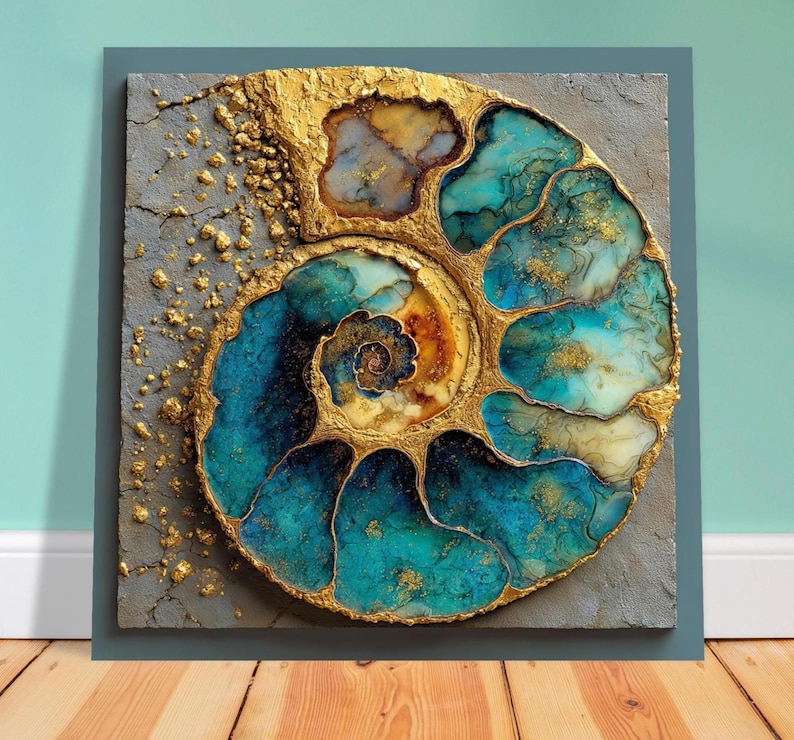 May include: Abstract artwork featuring a nautilus shell design. The shell is rendered in shades of teal, gold, and brown, with a textured, metallic gold outline. The background is a textured gray, with gold accents. The artwork is mounted on a square frame.