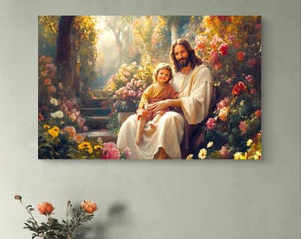 Impresión en lienzo de Jesús y el Niño: Arte Cristiano del Jardín Celestial