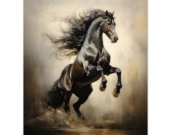 Black Stallion Art Print: Rearing Horse Portrait on Matte Poster Paper