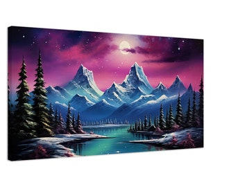 Könnte beinhalten: Ein Gemälde, das eine schneebedeckte Bergkette mit einem See im Vordergrund zeigt. Der Himmel ist in leuchtendem Rosa und Lila mit einem strahlenden Vollmond. Die Berge sind schneebedeckt und die Bäume sind vor dem Himmel silhouettiert.