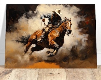 Cowboy and Horse Canvas Print: Western Rodeo Art, Southwest Decor