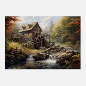 Old Rustic Grist Mill Print on Slim Canvas, Mountain Life Wall Art, Rustic Painting