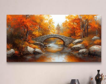Impresión en lienzo de un puente de piedra vintage: colores otoñales, decoración rústica para el hogar