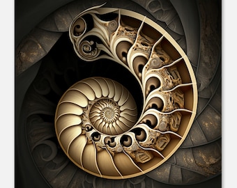 Stampa artistica astratta di ammonite dorata: moderna decorazione da parete in tela sottile