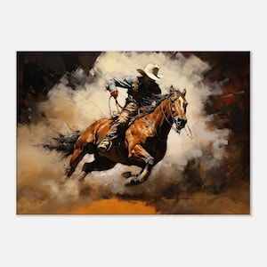 Cowboy and Horse Rodeo Painting Print on Slim Canvas, Cowboy Art, Horse Painting, Horse Lover Gift, Western Art Decor, Southwest Decor